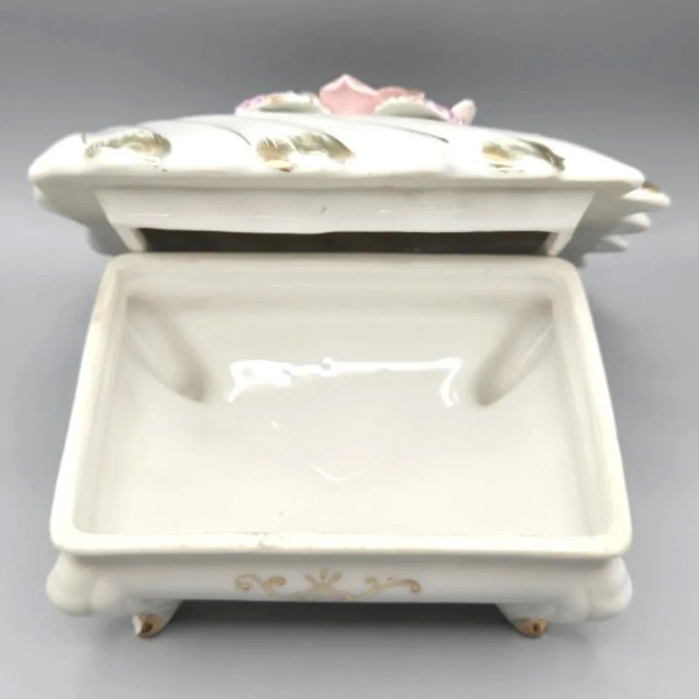 Vintage 1960s Porcelain Trinket Box Shell Hand Painted Rose Design Made in Japan